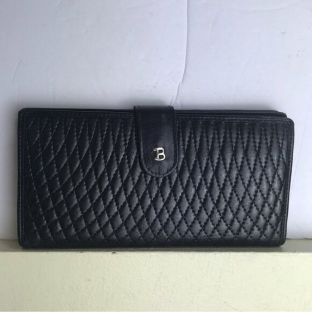 BALLY 80s Vintage Quilted Lambskin Logo Wallet Clutch Black Fold Zipper Bag Gold - Picture 3 of 16